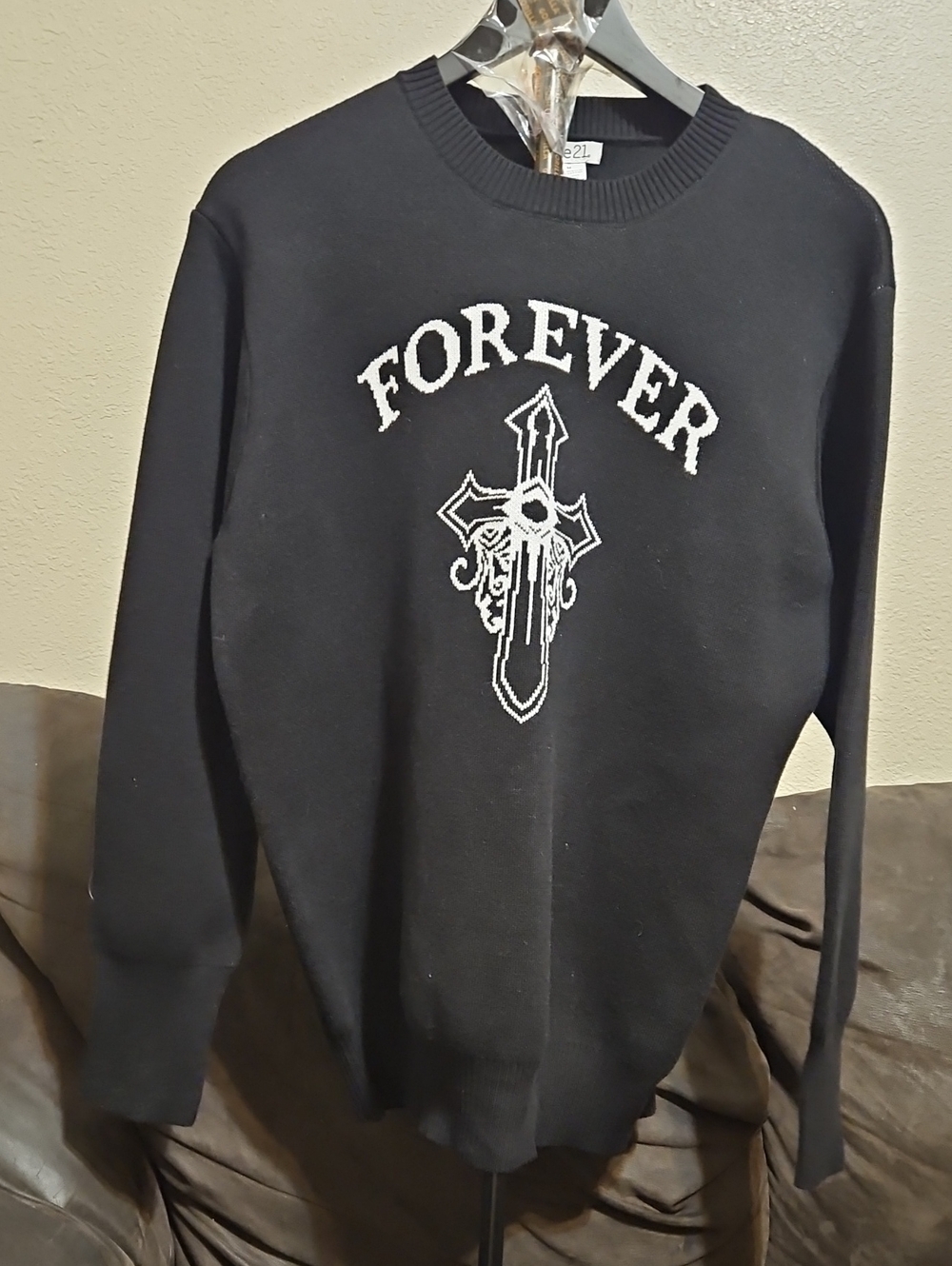 Forever 21 Black Crewneck Sweater with White Cross and 'FOREVER' Graphic